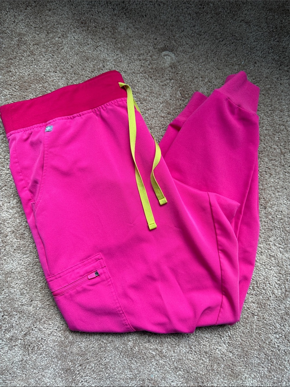 Figs Zamora Shocking Pink Jogger Sweatpants with Neon Yellow Drawcord